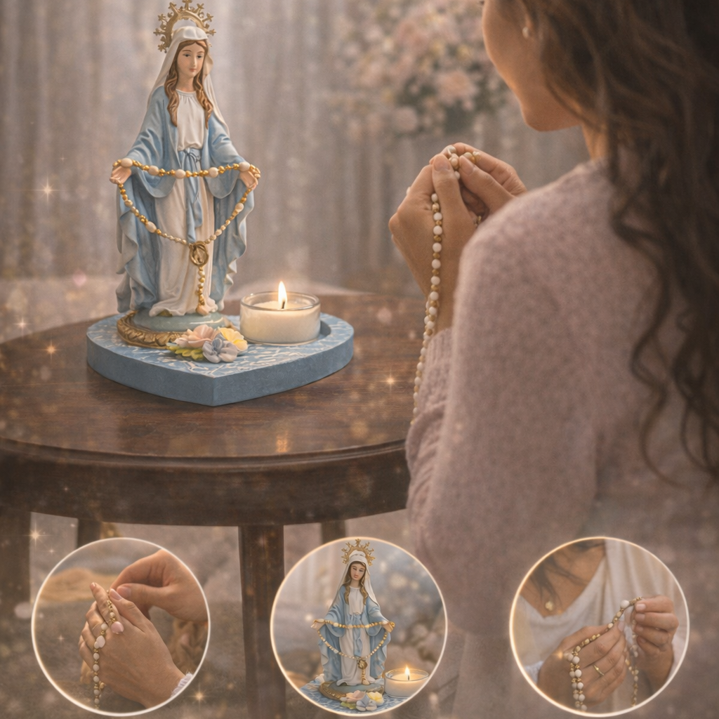 Virgen Milagrosa Decorativa con Base Corazón + Veladora + Denario
