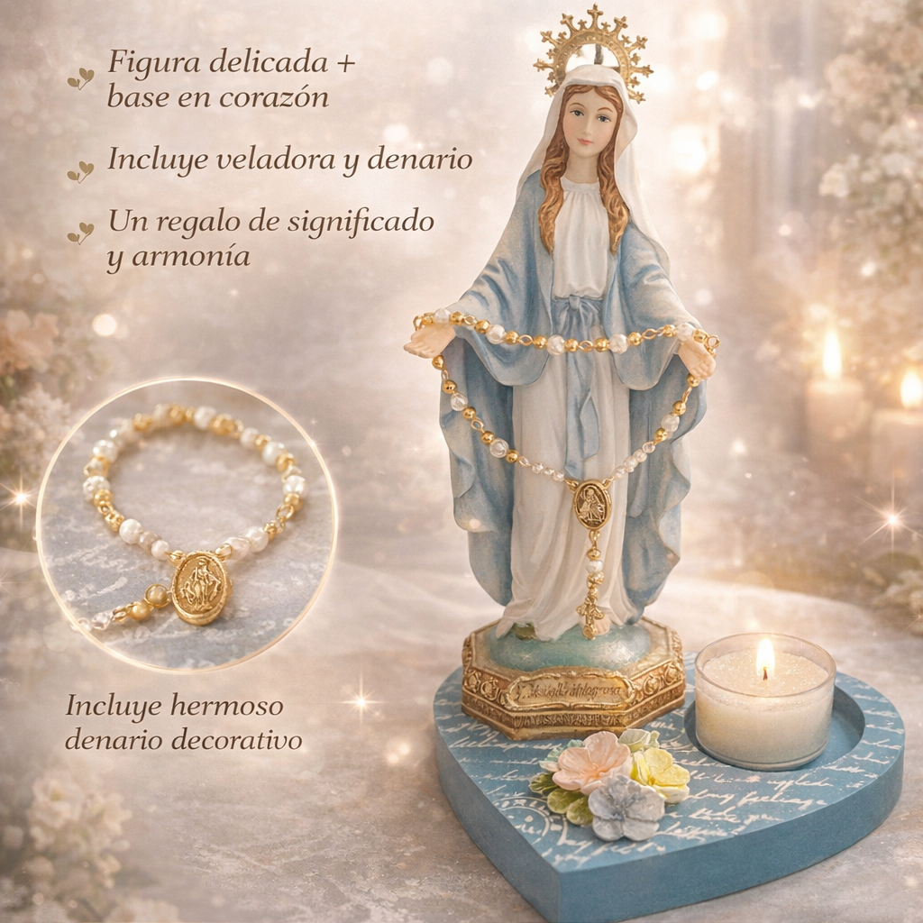 Virgen Milagrosa Decorativa con Base Corazón + Veladora + Denario